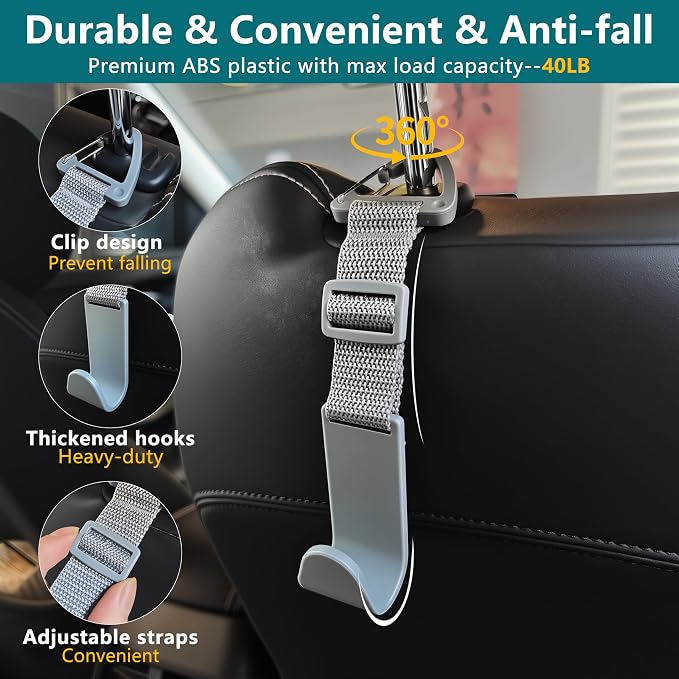 Amooca 4 Pack Anti-drop Headrest Hooks Adjustable Car Seat Organizer | Universal Fit with Clip, Hanger for Backpack Umbrella Water Bottle Coat Purses Handbags Groceries, 40lb Heavy Duty, Gray - Image 6