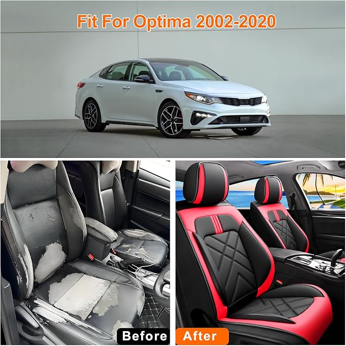 Optima Car Seat Covers Custom Fit for Kia Optima 2002-2020, Full Coverage Leather Waterproof Breathable Seat Covers, Automotive Seat Protectors, Airbag Compatible(2 Front Seats, Red & Black) - Image 5