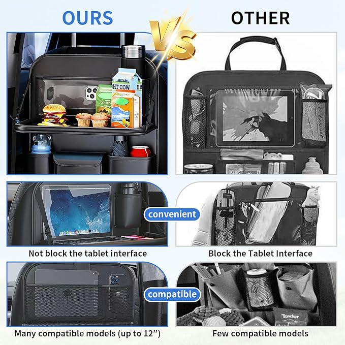 Car Seat Back Organizer with Foldable Tray, Car Seat Back Protector, Premium Leather Kick Mats, Multiple Storage Pockets, Travel Accessories for SUV Truck (Long) - Image 3