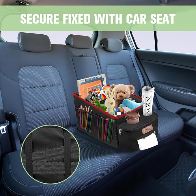 FUNNy elf Car Seat Organizer with 4 Cup Holders(Red) | Foldable Design, Durable Oxford Material, Smooth Handle, Anti-slip Base, Big Capacity Car Caddy Organizer for Easy Storage - Image 6