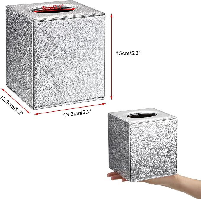 Sumnacon Tissue Box Cover Square,Magnetic Bottom Tissue Box Holder,Silver | Cube PU Leather Tissue Cover with Lychee Pattern,Decorative Tissue Box Covers for Living Room Bathroom Table Desk Office Car - Image 3