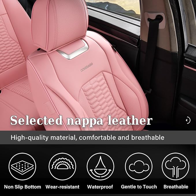 Coverado Front Car Seat Covers, Premium Nappa Leather Waterproof Front Seat Protectors, Universal Automotive Seat Covers Compatible with Most Vehicles (Pink) - Image 4