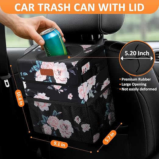 Vankor Car Trash Can with Lid Leak Proof Car Accessories for Women | 2.2 Gallon Cute Hanging Car Trash Bin for Men Car Truck Vehicle Sedan Interior Automotive Garbage Cans, Black Floral - Image 2