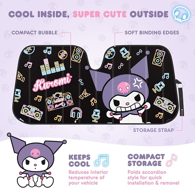 Carbella Kuromi Car Windshield Sun Shade, Official Sanrio Accordion Style Sunshade for Car Window, Cute Kawaii Car Sun Shade Windshield, Kuromi Car Accessories for Women (Neon Party) - Image 2