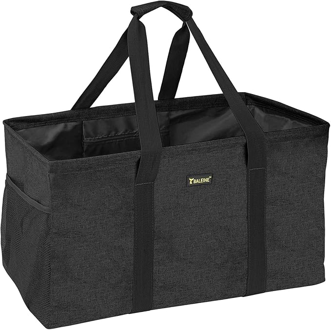BALEINE Extra Large Utility Tote Bag with Reinforced Wire Frame, Reusable Grocery Bag for Shopping, Picnic (Black, 22''x12''x10'') by BALEINE