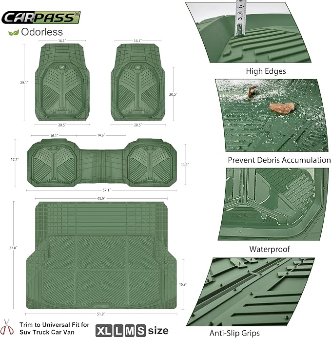 CAR PASS Heavy Duty Rubber Car Mats with Cargo Liner, Deep-Dish Car Floor Mats and Trunk Mat All Weather, Universal Trim-to-Fit for SUVs Trucks Sedans, Waterproof Anti-Slip, Trimmable V12 Olive Green - Image 5