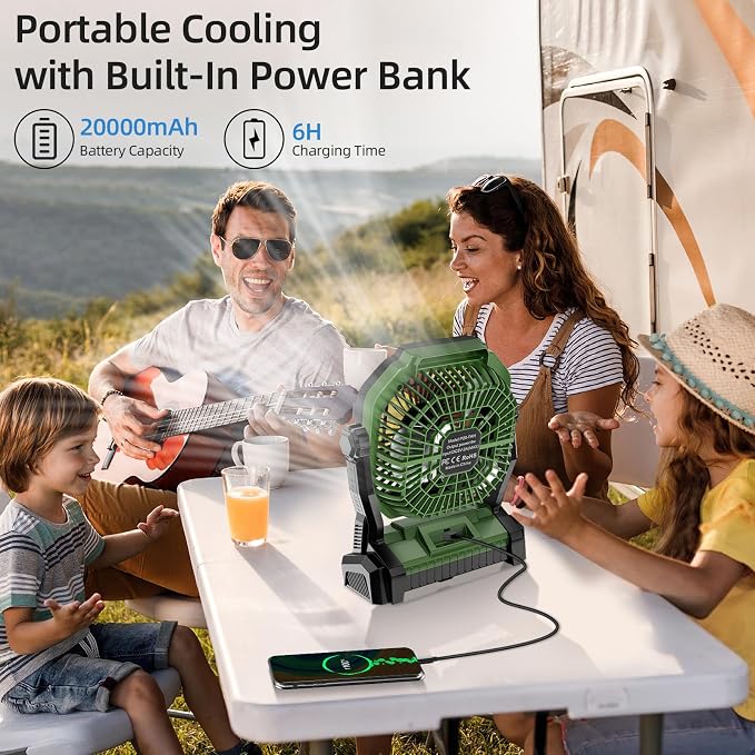 Camping Fan Rechargeable, 20000mAh Battery Powered Portable Fan with LED Light, 4-Speed 180° Adjustable, Camping Essentials for Tent, Travel, Car, Outdoor, Indoor, BBQ, Fishing, Jobsite - Green - Image 6