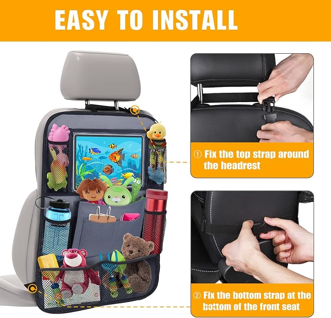 Backseat Car Organizer w/ 10 Storage Pockets 11" Tablet Holder, 2 PCS Gray | Car Organizers and Storage Kick Mats Back Seat Protector w/ Touch Screen Tablet Holder for Kids Toddlers, Travel Accessories - Image 6