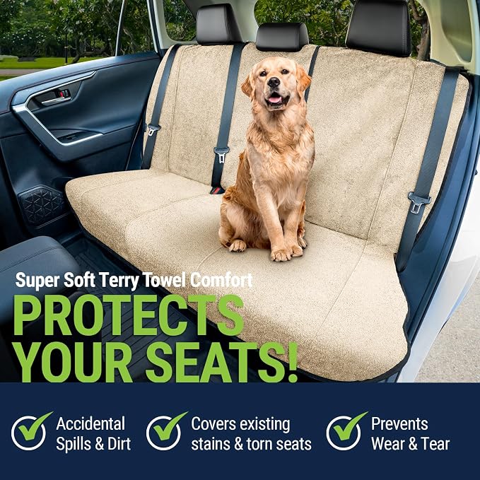 Season Guard Back Seat Towel Seat Cover for Cars; Great for After Gym Workouts, Dogs, and Outdoor Activities; Universal Fit for Cars SUVs Vans Trucks Rear Seats, EZ fit, Non Slip Grip, Tan - Image 2