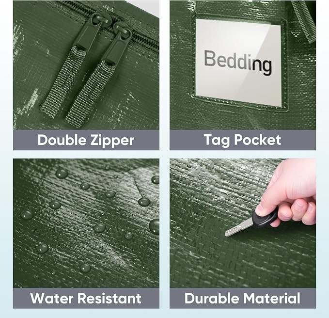 TICONN 4 Pack Extra Large Moving Bags Heavy Duty with Zippers & Carrying Handles, Durable Storage Bags Moving Boxes for Closet Organizers and Storage (4 Pack, Olive) - Image 6