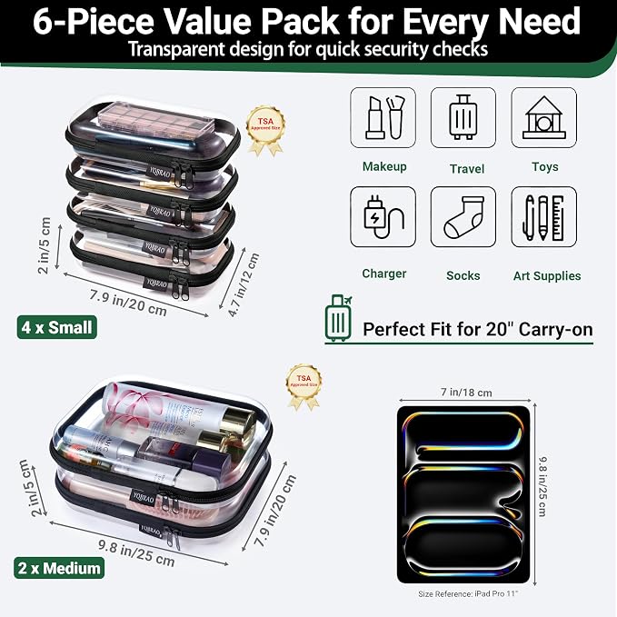 YQBRAO Clear Hard Shell Zipper Cases, 6 Travel Organizers, 2M 4S, Black | Rigid clear shells in two practical sizes separate toiletries, skincare, cosmetics, chargers and frequently used accessories - Image 4