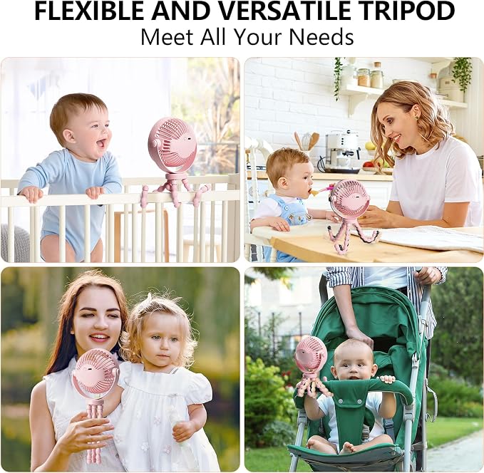 snawowo Mini Handheld Personal Portable Fan, Baby Stroller Fan Pink | Car Seat USB or Battery Powered, with Flexible Tripod Clip on Student Bed Desk Bike Crib Treadmill Camping Traveling - Image 2