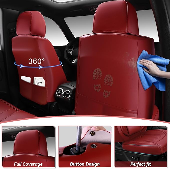 CAR PASS Luxury Nappa Leather Car Seat Covers Full Set, Lumbar Support Seat Covers for Car 5 Seats, Waterproof Car Seat Protector, Automotive Seat Covers Universal Fit for Sedans SUV Trucks Burgundy - Image 2