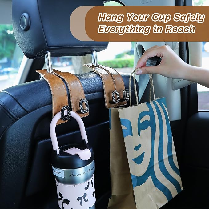 Car Headrest Hooks Universal Car Purse Hook Premium Leather and Alloy Twin Hook Car Seat Back Storage Hanger Hook for Purse Bags Cloth Drink Durable Holder Car Accessories (BH09-Brown-Black-4 Pcs) - Image 4