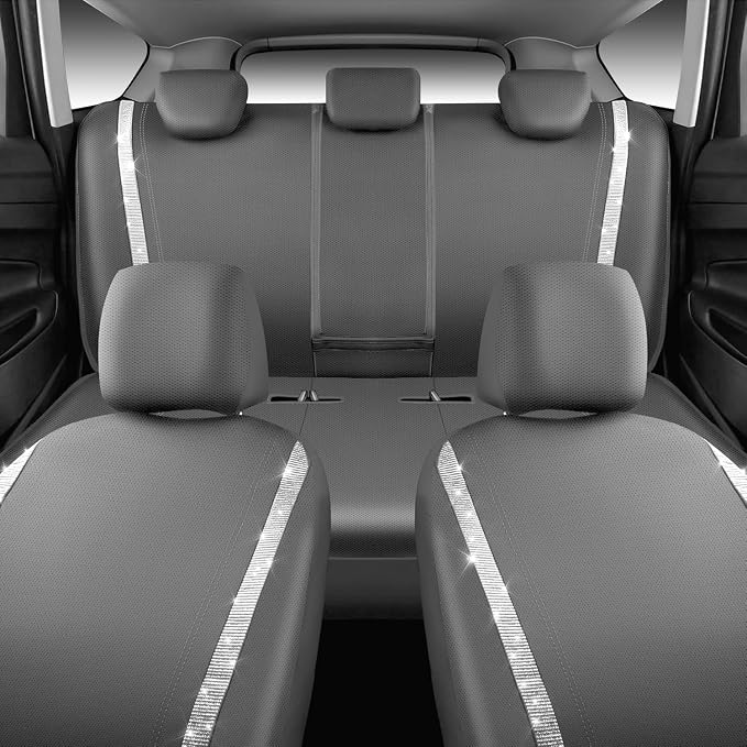 CAR PASS Bling Car Seat Covers Full Set, Shining Glitter Rhinestone Diamond Waterproof Faux Leather Interior Sets Universal Fit Automotive Glitter Crystal Sparkle Strips for Cute Women Girl, Gray - Image 4