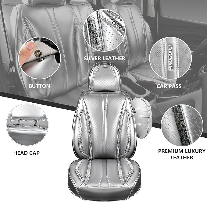 CAR PASS Ultra+ Nappa Leather Car Seat Covers Full Set Universal Cushioned, Soft Breathable Waterproof Anti-Slip Driver Seats and Backrest for SUV Pick-up Truck Sedan, 5 Seats Margiela Solid Silver - Image 5