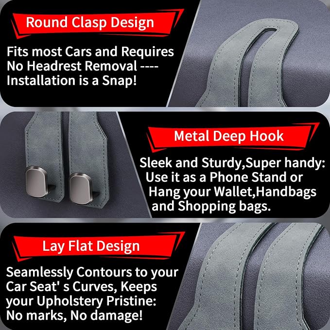 Car Purse Hook, Car Seat Headrest Hooks, Grey Leather 4 Pack | Car Purse Holder Hooks, Universal Car Hangers Seat Back Organizer Storage, Double Metal Hooks for Grocery Purses and Bags - Image 4