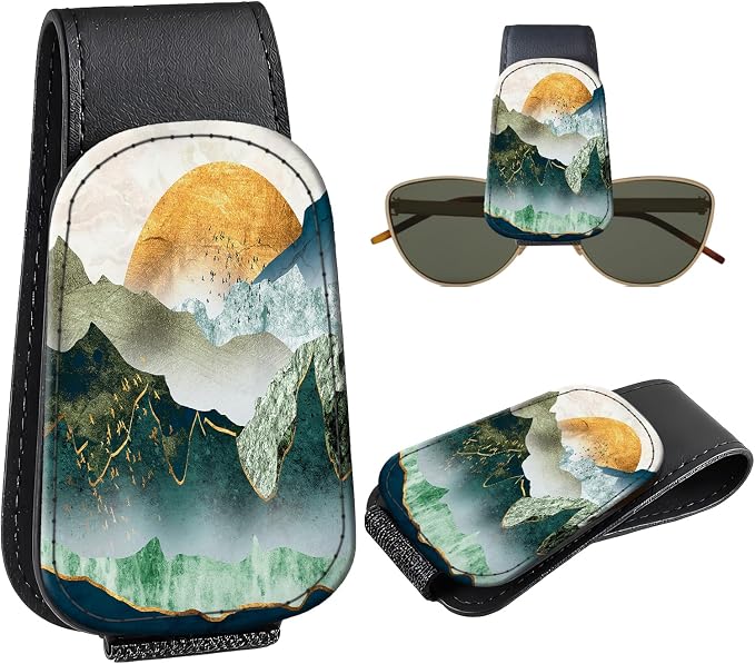 Leather Magnetic Sunglass Holder for Car Sun Visor, Cute Eyeglass Ticket Card Hanger Clip, Universal Auto Interior Accessories for SUV Pickup Truck, Golden Mountain by Unknown