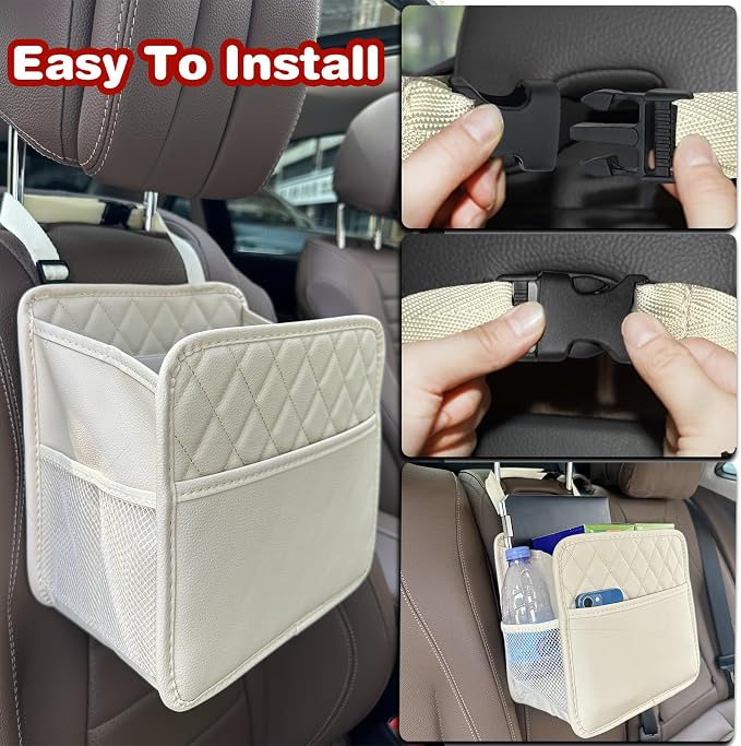 Witaxima 2 Pack Upgraded Car Seat Organizer Backseat with Storage Pockets, Multipurpose Car Organizer Hanging Car Trash Bag Premium PU Leather Garbage Can 2.14 Gallon Large Capacity Accessories Beige - Image 6