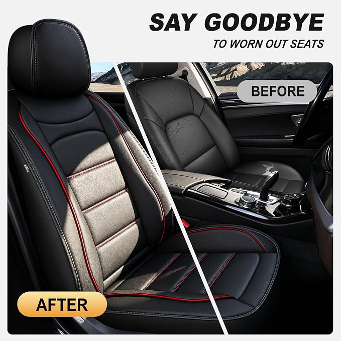 IKABEVEM for Chevy Colorado Seat Covers 2015-2024 2025 2026 2 Front Seats | Luxury Waterproof Faux Leather Pickup Seat Protectors Fit Chevrolet WT LT Custom Trail Boss Z71 ZR2,Black&Redline - Image 4