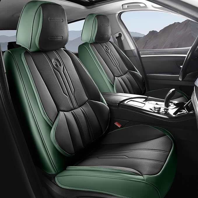 Car Seat Covers Custom Fit for Ford F150 2009-2026, Faux Leather Seat Cover Set for 2017-2026 F250 F350 F450, Accomodating Regular Cab Super Cab Super Crew Pickup Truck Cushions(BlackGreen,Front Seat) by AOOG