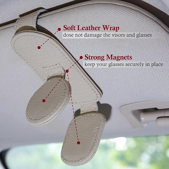 KIWEN Sunglasses Holder for Car Visor, Magnetic Leather Sunglass Eyeglass Hanger Clip for Car Sun Visor Accessories (1, Beige) - Image 5
