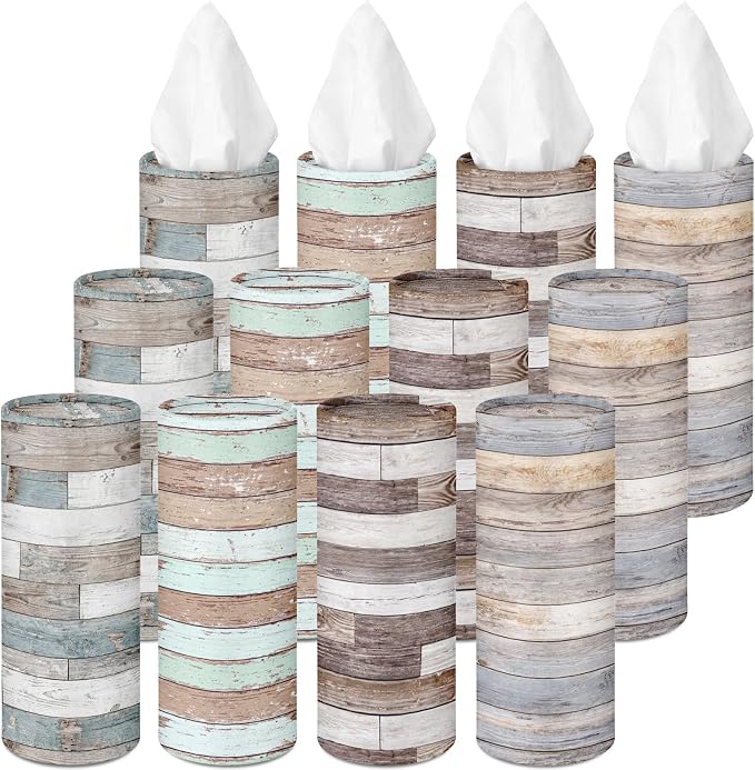 Arttown Car Tissue Holder for Cup Holder Facial Tissues 12 Pack Wood Grain | Bulk 3-Ply,Refillable Marble Print Cylinder Tissue Boxes,Fit Car Home Office School (600 Sheets Total,50 Sheets Each) by Arttown