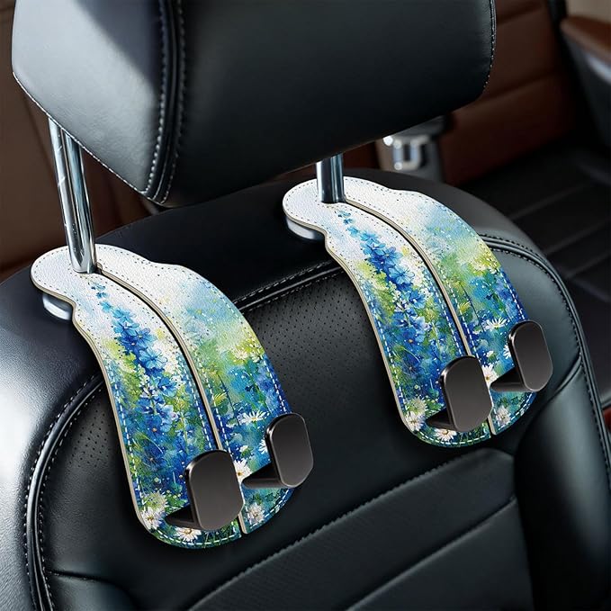 Blusabaca 2PCS Car Seat Headrest Hooks, Purses Bags Holder, Floral Blue | PU Leather, Double Metal Back Storage Hangers for Grocery Bags Handbags Bottles Coats Phones, Car Accessories Organization by Blusabaca