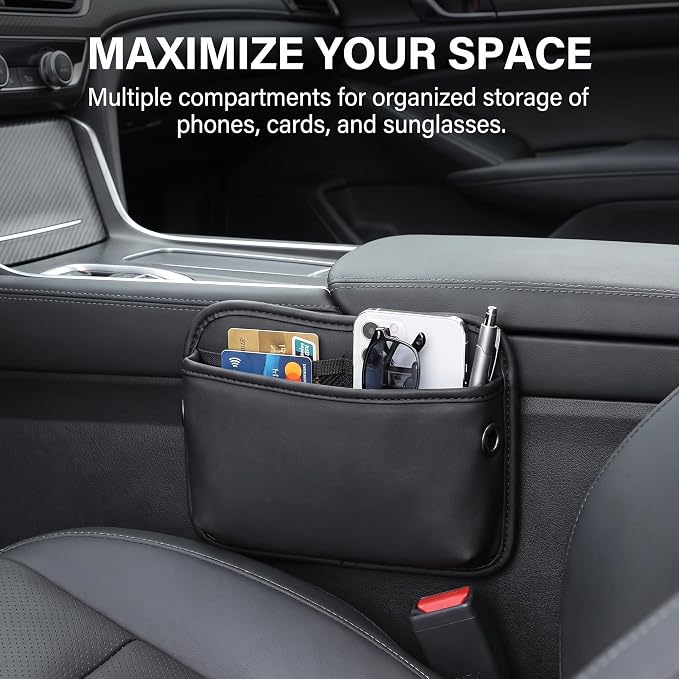 2 PCS Leather Car Seat side Pocket Organizer, Multifunctional Car Seat Gap Storage Pouch, Auto Console Side Organizer Holder for Phones, Keys, Sunglasses & Wallets (Black) - Image 3