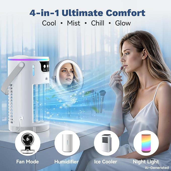 Portable Air Conditioners Desktop AC Unit with Water Ice Cooling Mist, Personal Evaporative Air Cooler Fan Mini Swamp Cooler for Bedroom, Nightstand, Office, Dorm, RV (White) - Image 4