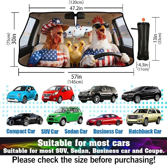 American Flag Chicken Car Windshield Sunshade Umbrella Funny Rooster Singing Sun Shade for Car Windshield Umbrella Upgraded Sunshades Blocks UV & Heat Front Window Shades for SUV Sedan Auto - Image 6