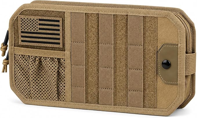 Molle Car Sun Visor Organizer,Car Accessories with Zipper Visor Storage Pouch&Glasses Clip&Adjustable Straps, Semi-Rigid Molle Panel for Tactical Gears, Fits Most Vehicles, SUVs (Khaki) by Unknown