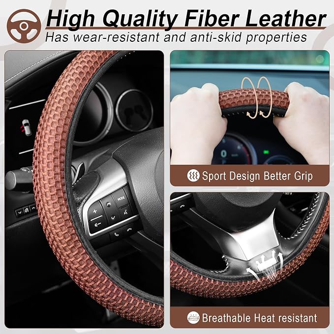Alpmosn Elastic Stretch Steering Wheel Cover, Breathable Microfiber Ice Silk, Anti-Slip, Easy Carry, Universal Interior Accessories Steering Wheel Cover for Women & Men (Brown-Black) - Image 3