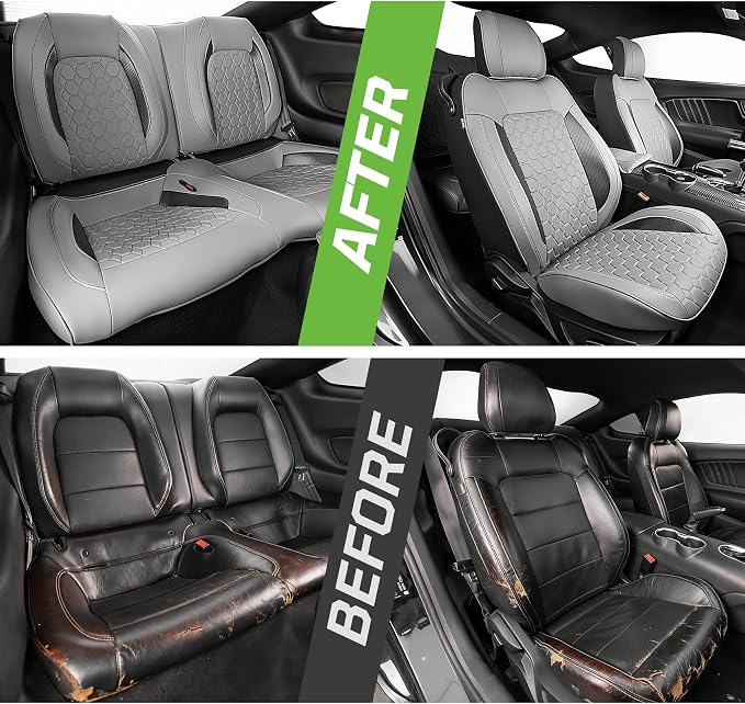 Custom Leather Car Seat Covers for Ford Mustang 2015-2023 Coupe,Gray/Black | Full Coverage Waterproof Car Seat Protector,Front & Rear Full Set,Split Backrest Compatible,Wear-Resistant,Airbag Compatible - Image 9