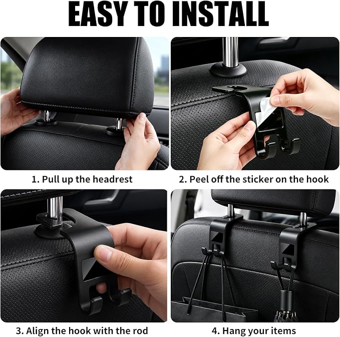 ZSDY Car Seat Headrest Hooks Heavy Duty Vehicle Back Seat Storage Organizer Hanger for Purse Grocery Bags Coat Universal Car Interior Accessories 2 Pack, Black - Image 4