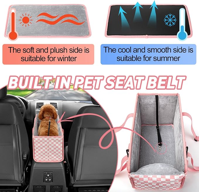 Console Dog Car Seat for Small Dogs, Foldable Booster Seat, Pink Checkered | Portable Booster Seat Sits On Car Console/ Armrest. Foldable for Easy Storage. for Center Console, Easy To Clean. - Image 6