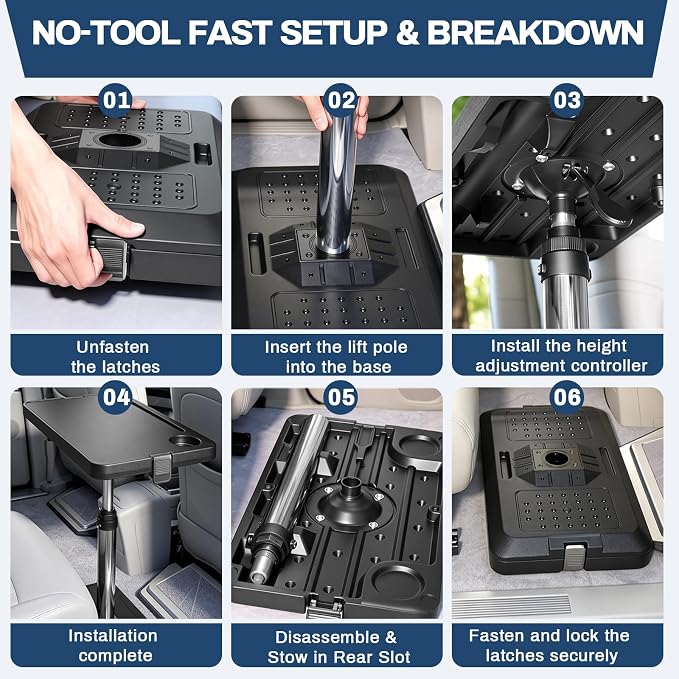 Car Seat Tray Table, Multi-Function Adjustable Tray for Work & Eat | Pneumatic lift, 360° rotatable top, tool-free car tray. High-density composite holds 10kg, anti-slip base - Image 7