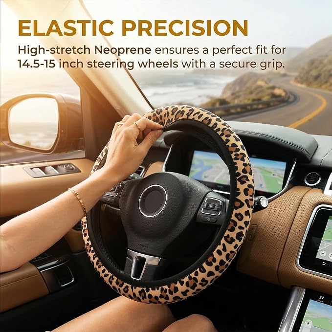 Leopard Cheetah Print Steering Wheel Cover 15 Inch + 2pc car Coasters | Universal Anti-Slip Breathable Animal Print Matching Set for Men Women - Image 2