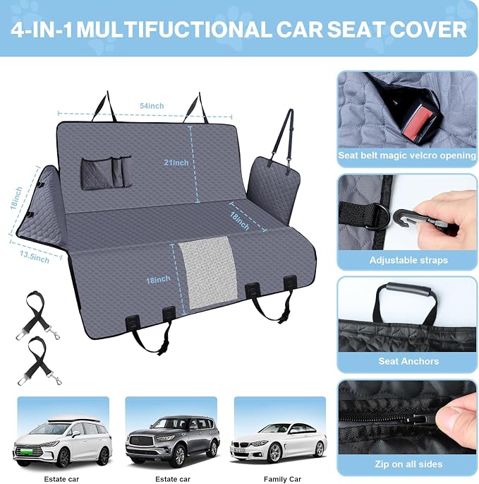 ZRRAJOY Dog Car Seat Cover for Back Seat, Waterproof Protector with Side Flaps, Scratchproof Hammock, Non-Slip Bottom for Cars/Trucks/SUVs (Grey) - Image 6