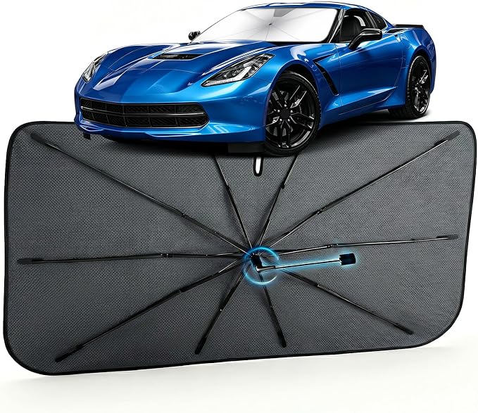 Windshield Sun Shade for Umbrella Chevrolet Corvette 2005-2019, 1:1 Fit | [Reflective Coated Fabric] Car Shades Sun Visor Keep Car Cool and Protects Interior, Sunshade Umbrella for Front Window by MakeLifeBetter