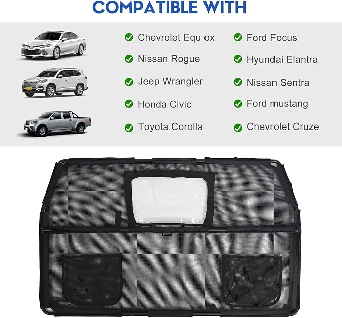 52" Dog Car Barrier for SUV, Wide Escape-Proof & Chew-Proof | Car Dog Barrier with Removable Visual Window & Storage Pockets, Pet Net Gate for Behind Front Seats, Fits Sedans Cars Trucks - Image 6