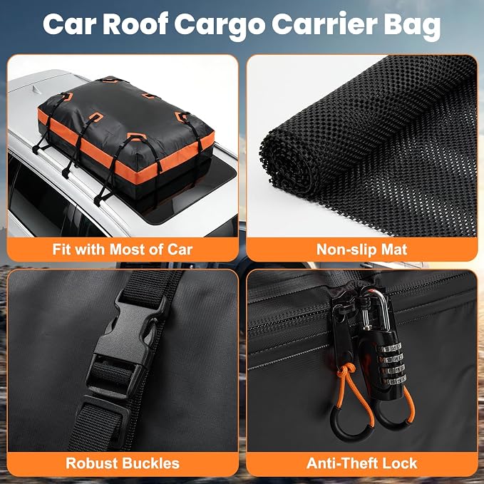 DUMOS Car Roof Bag Cargo Carrier Waterproof 20 Cubic Feet for All Vehicles | Rooftop Bag with Anti-Slip Mat, Combination Luggage Lock, Reinforced Straps & Door Hooks, Fit Vehicles with/without Roof Rack - Image 6