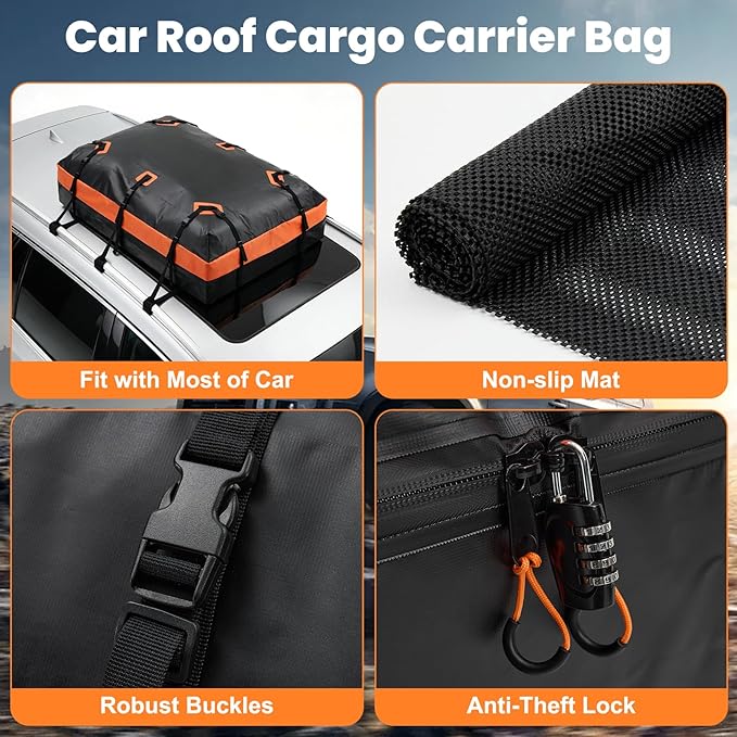 DUMOS Car Roof Bag Cargo Carrier Waterproof 15 Cubic Feet for All Vehicles | Rooftop Bag with Anti-Slip Mat, Combination Luggage Lock, Reinforced Straps & Door Hooks, Fit Vehicles with/without Roof Rack - Image 7