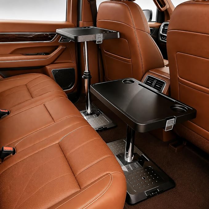 Adjustable Car Seat Tray Table with Orange Desk Mat, Foldable Car Desk | Back-seat travel tray with a cup holder, phone slot, and storage groove for laptops, meals, and everyday use on the road. by Unknown