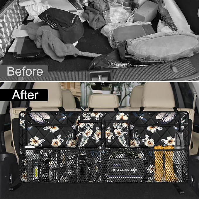 Femuar Car Trunk Organizer, Large Capacity Backseat Trunk Organizer (42"*18"), Collapsible Car Storage Bag with 8 Pockets - Hibiscus - Image 6
