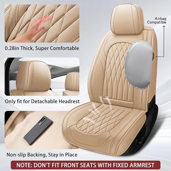 WELLDO Nappa Faux Leather Car Seat Covers Full Set, Beige | Waterproof, Non-Slip Seat Protector, 0.28in Thickened Cushion, Airbag Compatible, Universal for Cars SUV Truck Pickup - Image 3