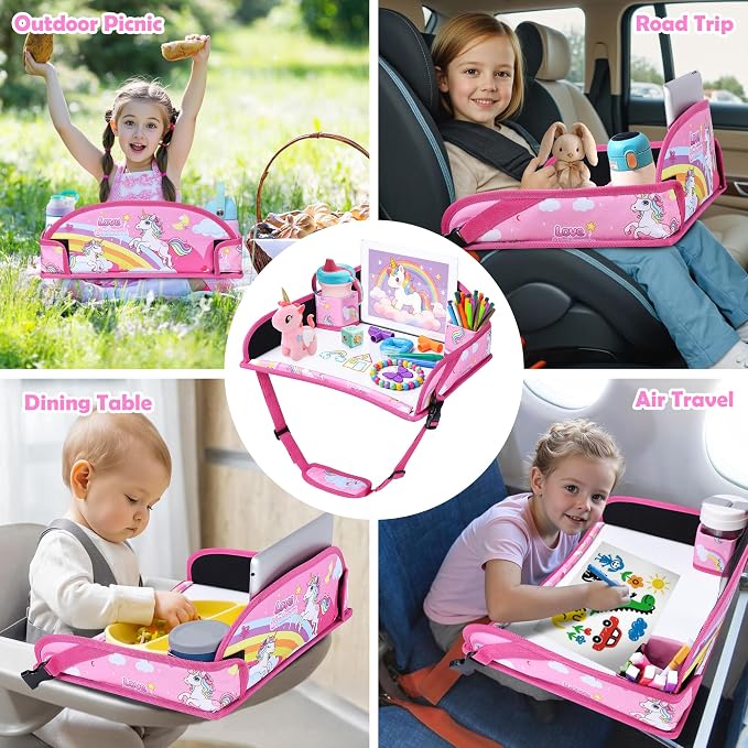 Toddler Car Seat Travel Tray FOR Road Trip Activities, Pink Unicorn | Kids Carseat Tray With 16.7" x 13.4" Smooth Dry Erase Board, Cup holders, Ddjustable Strap & Shoulder Carry Strap - Image 8