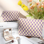 SOIDRAM 2 Pcs Checkered Makeup Bag Large Cosmetic Bag Toiletry Bag Makeup Pouch Travel Bag Organizer Cute Makeup Brushes Aesthetic Accessories Storage Bag for Women Purple - Image 2