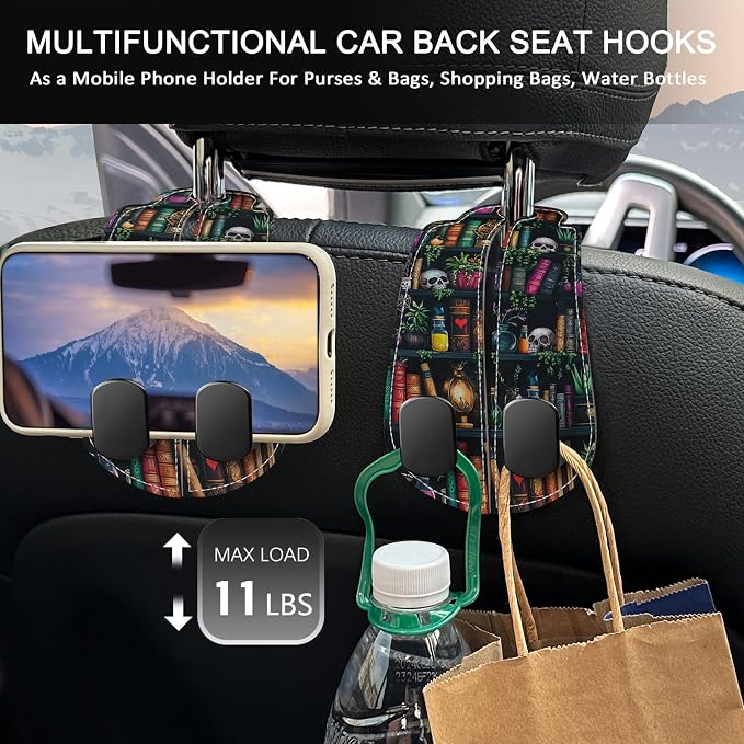 Blusabaca 2PCS Car Hooks Purses and Bags, Goth Gothic Bookshelf Skull Skeleton Seat Back Storage Headrest Holder Hanger PU Leather Double Metal Backseat Organizer, Women Car Accessories Organization - Image 3