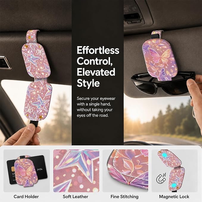Sunglasses Holder for Car Visor, PU Leather Glasses Clip Organizer, Cute Magnetic Eyeglass Holder for Vehicle Sun Visor, Car Interior Accessory for Women & Men, Star Butterfly - Image 5